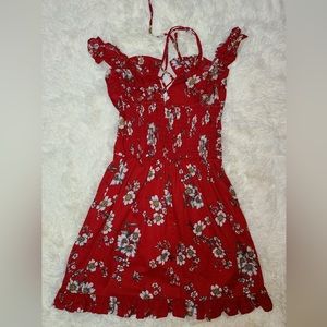 Red and white floral print ruffle mini dress